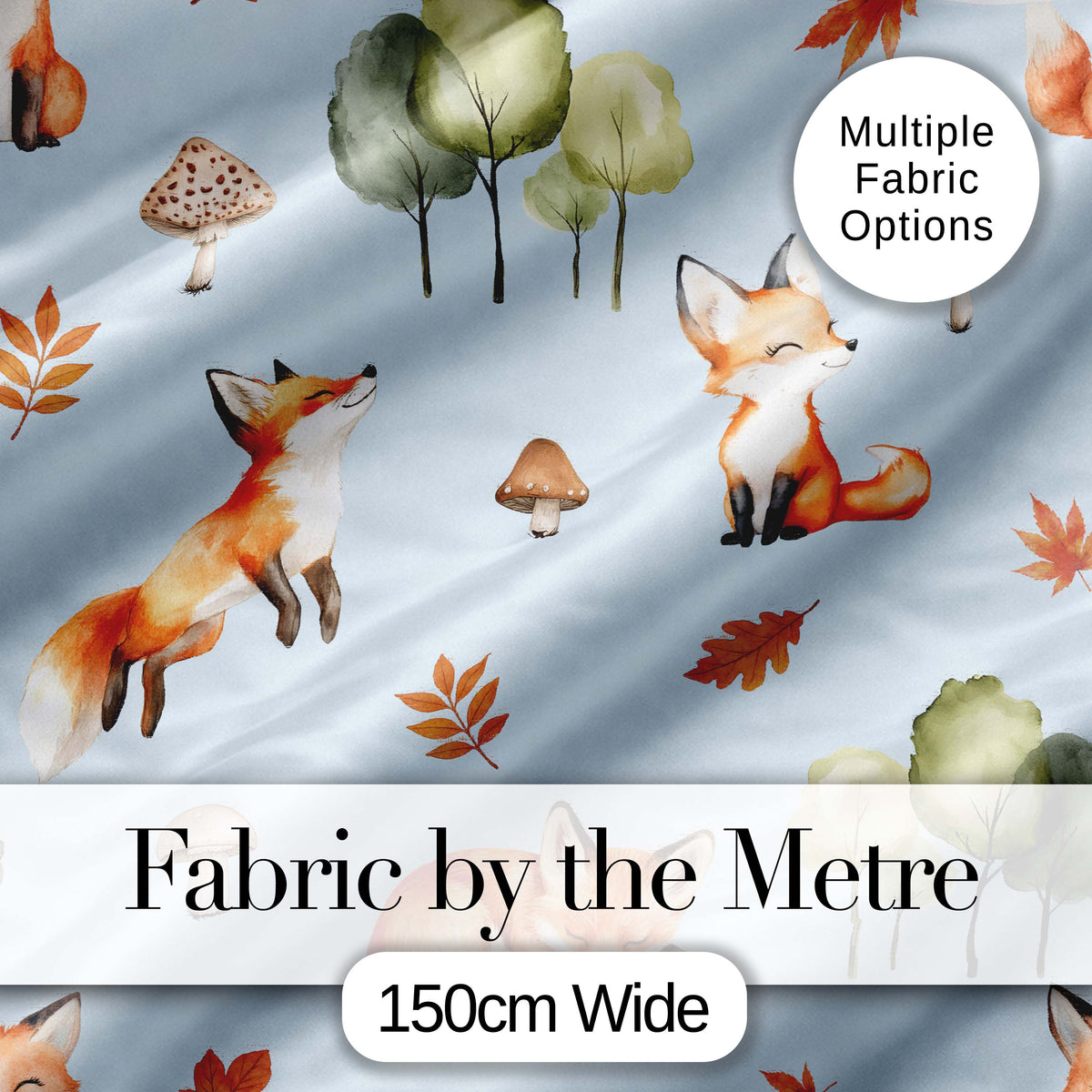 Woodland Fox with Trees Leaves Mushrooms Soft Blue  Seamless Pattern Digital Print Fabric by the Metre UK Sewing Quilting Textile