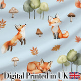 Woodland Fox with Trees Leaves Mushrooms Soft Blue  Seamless Pattern Digital Print Fabric by the Metre UK Sewing Quilting Textile