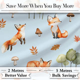 Woodland Fox with Trees Leaves Mushrooms Soft Blue  Seamless Pattern Digital Print Fabric by the Metre UK Sewing Quilting Textile