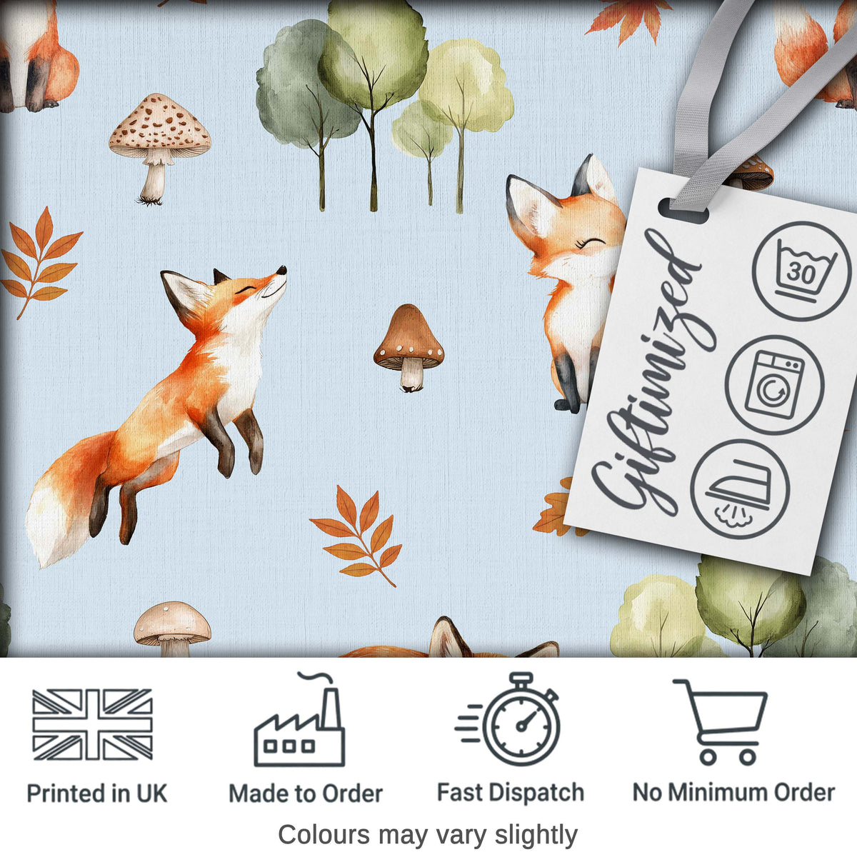 Woodland Fox with Trees Leaves Mushrooms Soft Blue  Seamless Pattern Digital Print Fabric by the Metre UK Sewing Quilting Textile