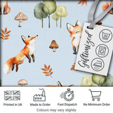Woodland Fox with Trees Leaves Mushrooms Soft Blue  Seamless Pattern Digital Print Fabric by the Metre UK Sewing Quilting Textile