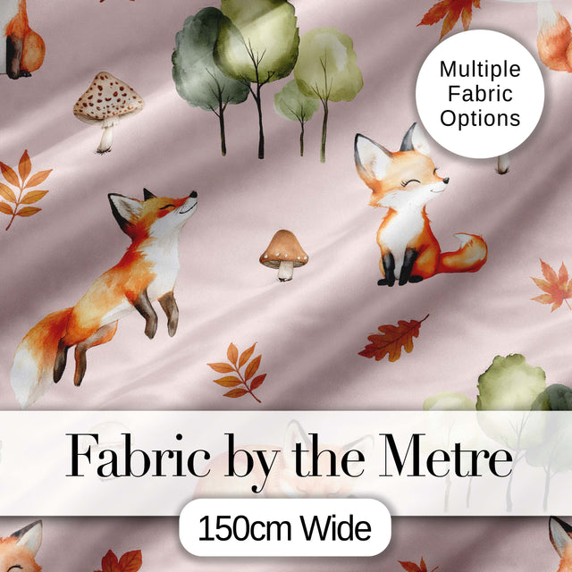 Woodland Fox with Trees Leaves Mushrooms Soft Pink  Seamless Pattern Digital Print Fabric by the Metre UK Sewing Quilting Textile