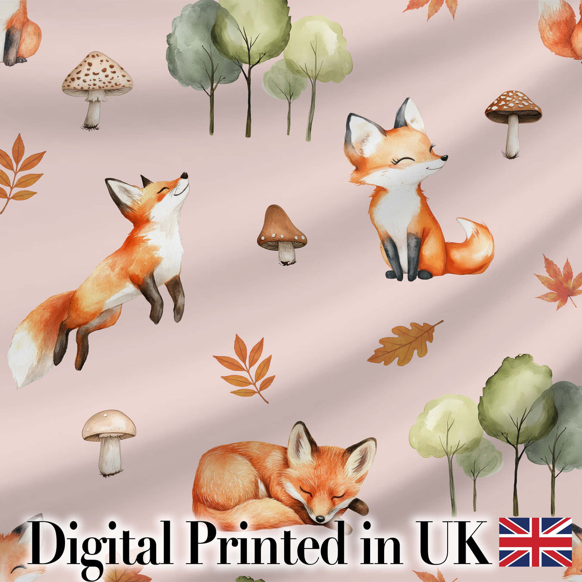 Woodland Fox with Trees Leaves Mushrooms Soft Pink  Seamless Pattern Digital Print Fabric by the Metre UK Sewing Quilting Textile