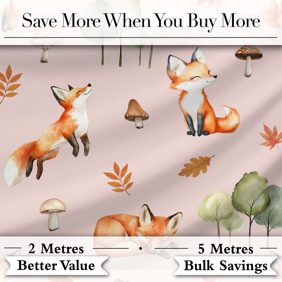Woodland Fox with Trees Leaves Mushrooms Soft Pink  Seamless Pattern Digital Print Fabric by the Metre UK Sewing Quilting Textile