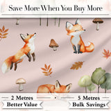 Woodland Fox with Trees Leaves Mushrooms Soft Pink  Seamless Pattern Digital Print Fabric by the Metre UK Sewing Quilting Textile