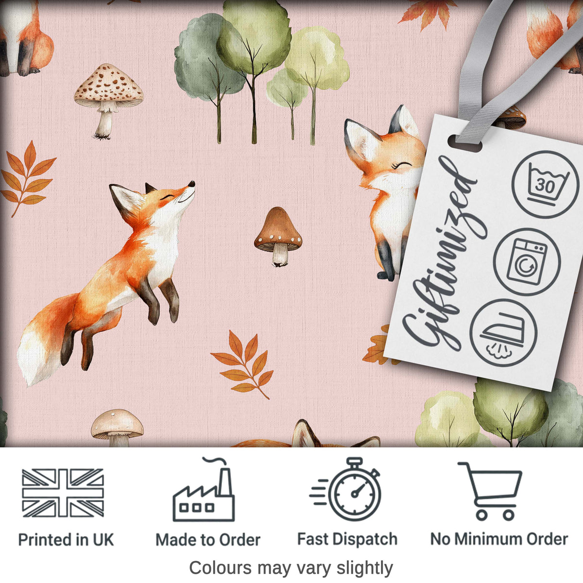 Woodland Fox with Trees Leaves Mushrooms Soft Pink  Seamless Pattern Digital Print Fabric by the Metre UK Sewing Quilting Textile