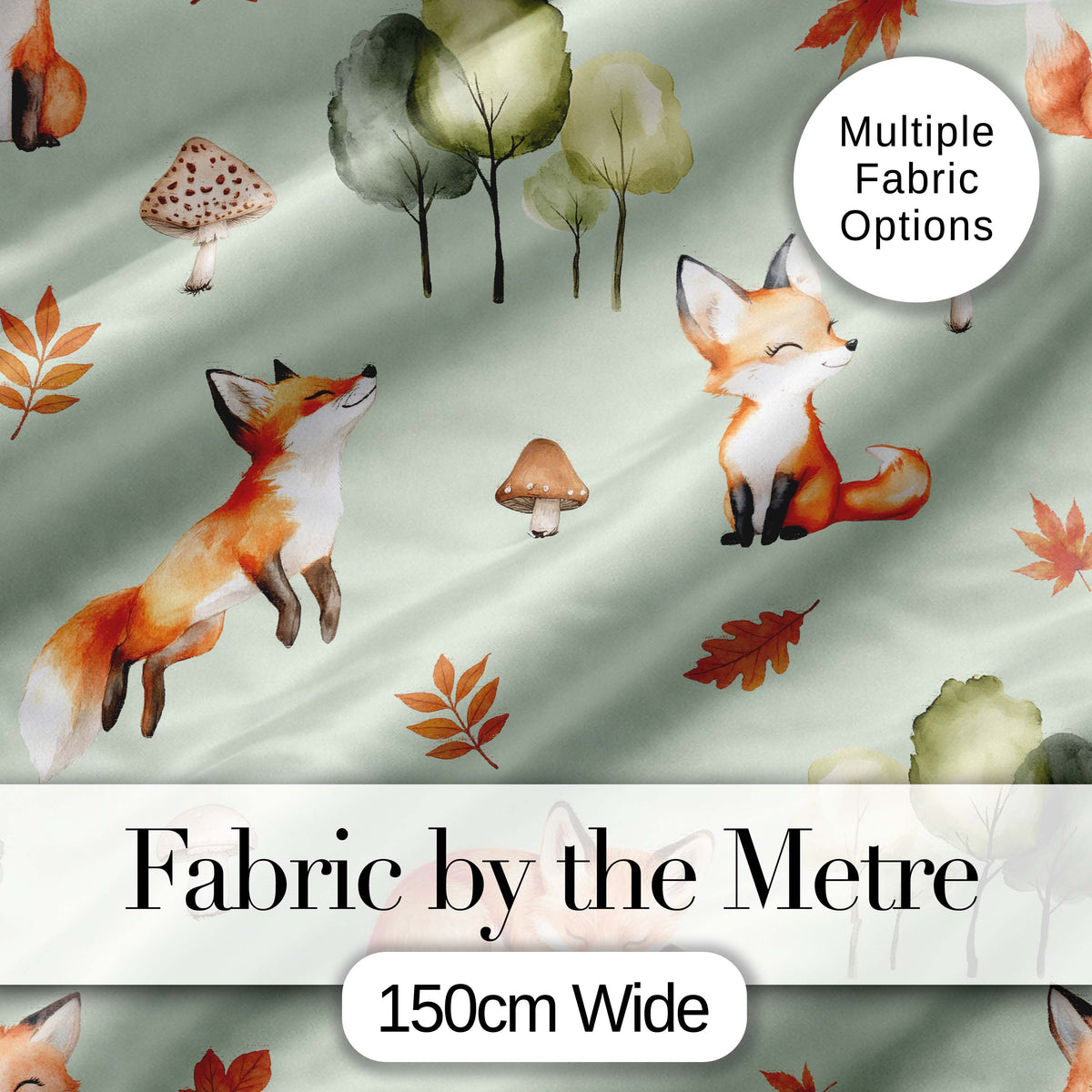 Woodland Fox with Trees Leaves Mushrooms Soft Green  Seamless Pattern Digital Print Fabric by the Metre UK Sewing Quilting Textile