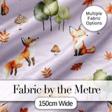 Woodland Fox with Trees Leaves Mushrooms Soft Lavender  Seamless Pattern Digital Print Fabric by the Metre UK Sewing Quilting Textile