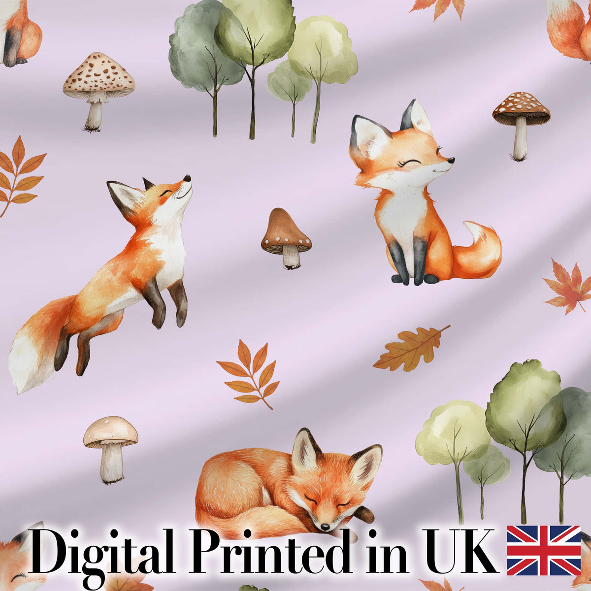 Woodland Fox with Trees Leaves Mushrooms Soft Lavender  Seamless Pattern Digital Print Fabric by the Metre UK Sewing Quilting Textile