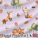 Woodland Fox with Trees Leaves Mushrooms Soft Lavender  Seamless Pattern Digital Print Fabric by the Metre UK Sewing Quilting Textile
