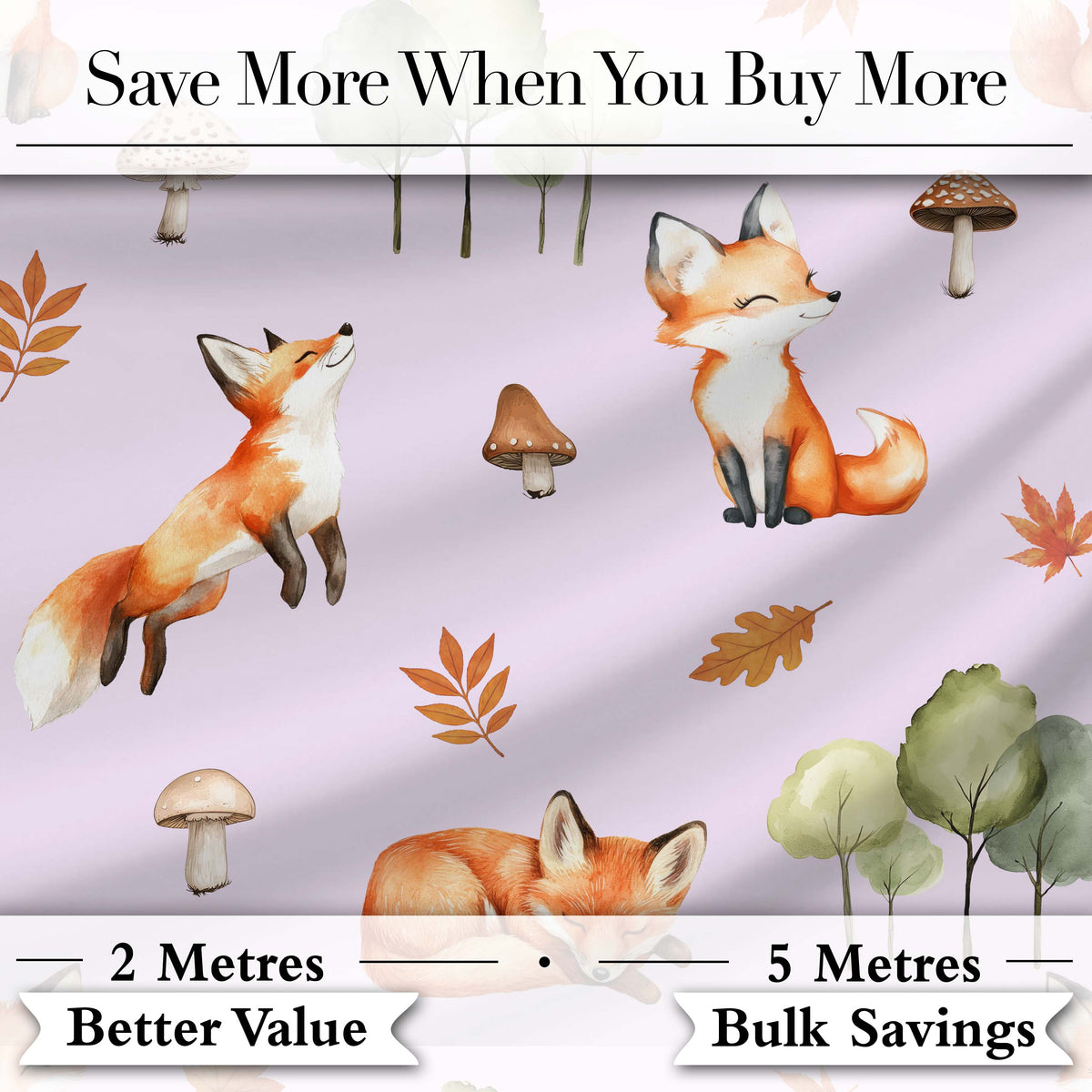 Woodland Fox with Trees Leaves Mushrooms Soft Lavender  Seamless Pattern Digital Print Fabric by the Metre UK Sewing Quilting Textile