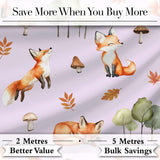 Woodland Fox with Trees Leaves Mushrooms Soft Lavender  Seamless Pattern Digital Print Fabric by the Metre UK Sewing Quilting Textile