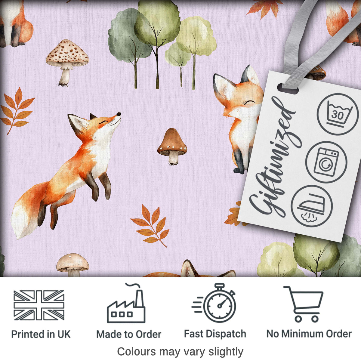 Woodland Fox with Trees Leaves Mushrooms Soft Lavender  Seamless Pattern Digital Print Fabric by the Metre UK Sewing Quilting Textile