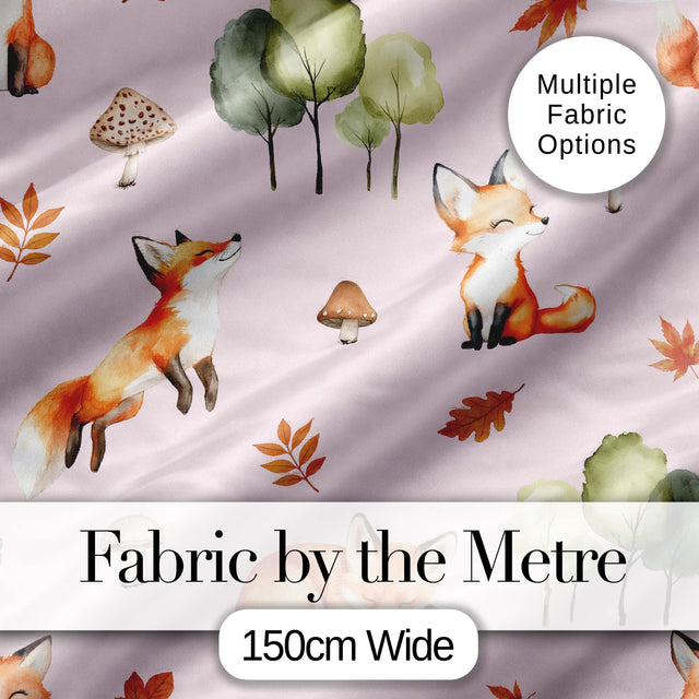 Woodland Fox with Trees Leaves Mushrooms Soft Blush  Seamless Pattern Digital Print Fabric by the Metre UK Sewing Quilting Textile