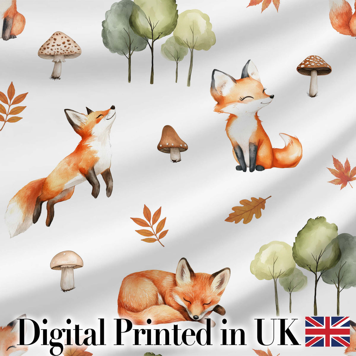 Woodland Fox with Trees Leaves Mushrooms Soft Grey  Seamless Pattern Digital Print Fabric by the Metre UK Sewing Quilting Textile