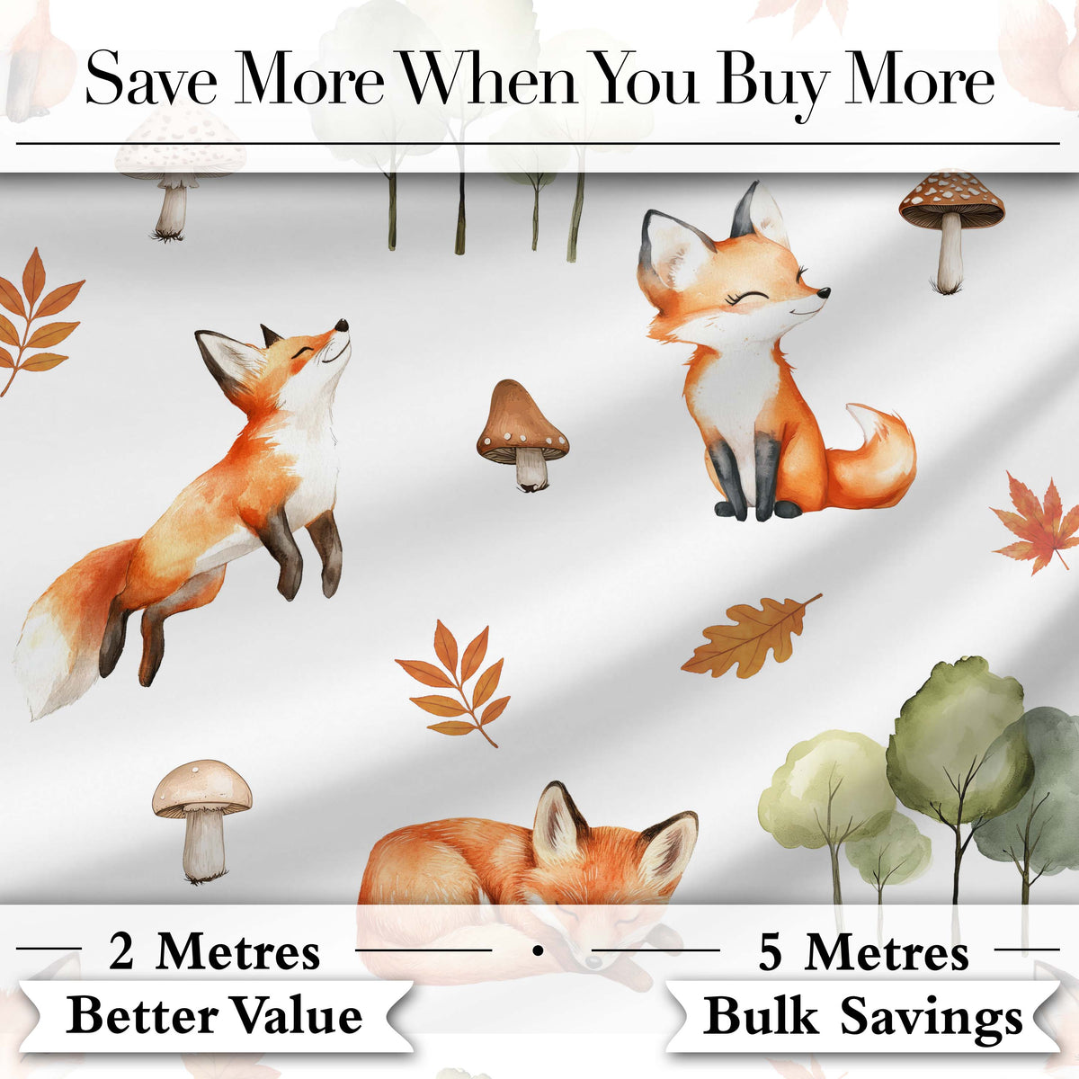 Woodland Fox with Trees Leaves Mushrooms Soft Grey  Seamless Pattern Digital Print Fabric by the Metre UK Sewing Quilting Textile