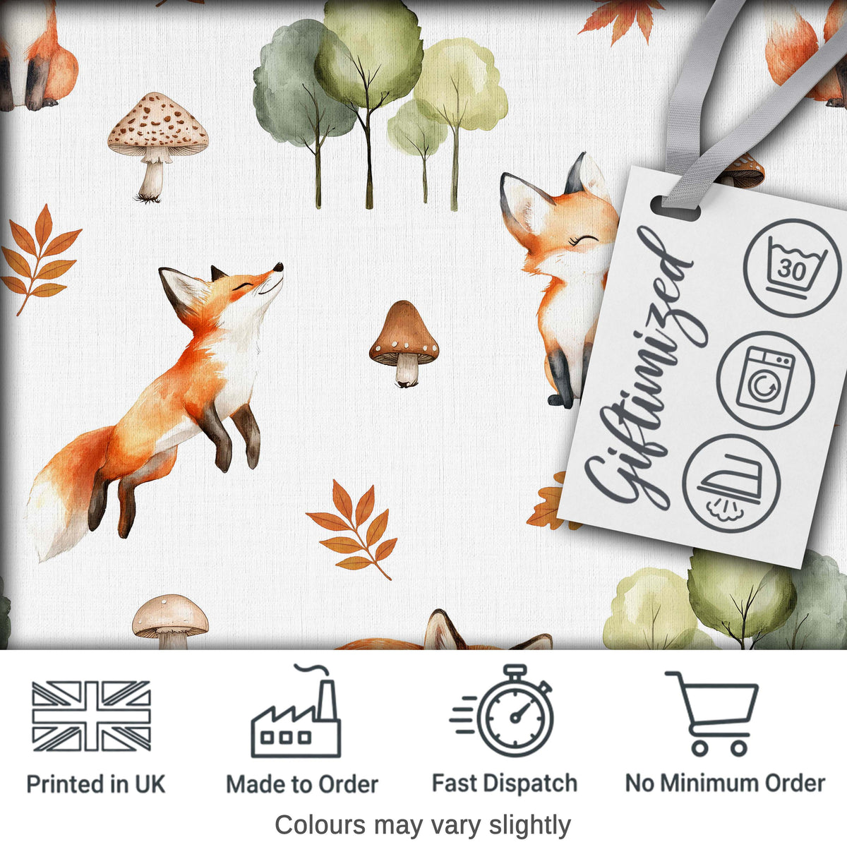 Woodland Fox with Trees Leaves Mushrooms Soft Grey  Seamless Pattern Digital Print Fabric by the Metre UK Sewing Quilting Textile