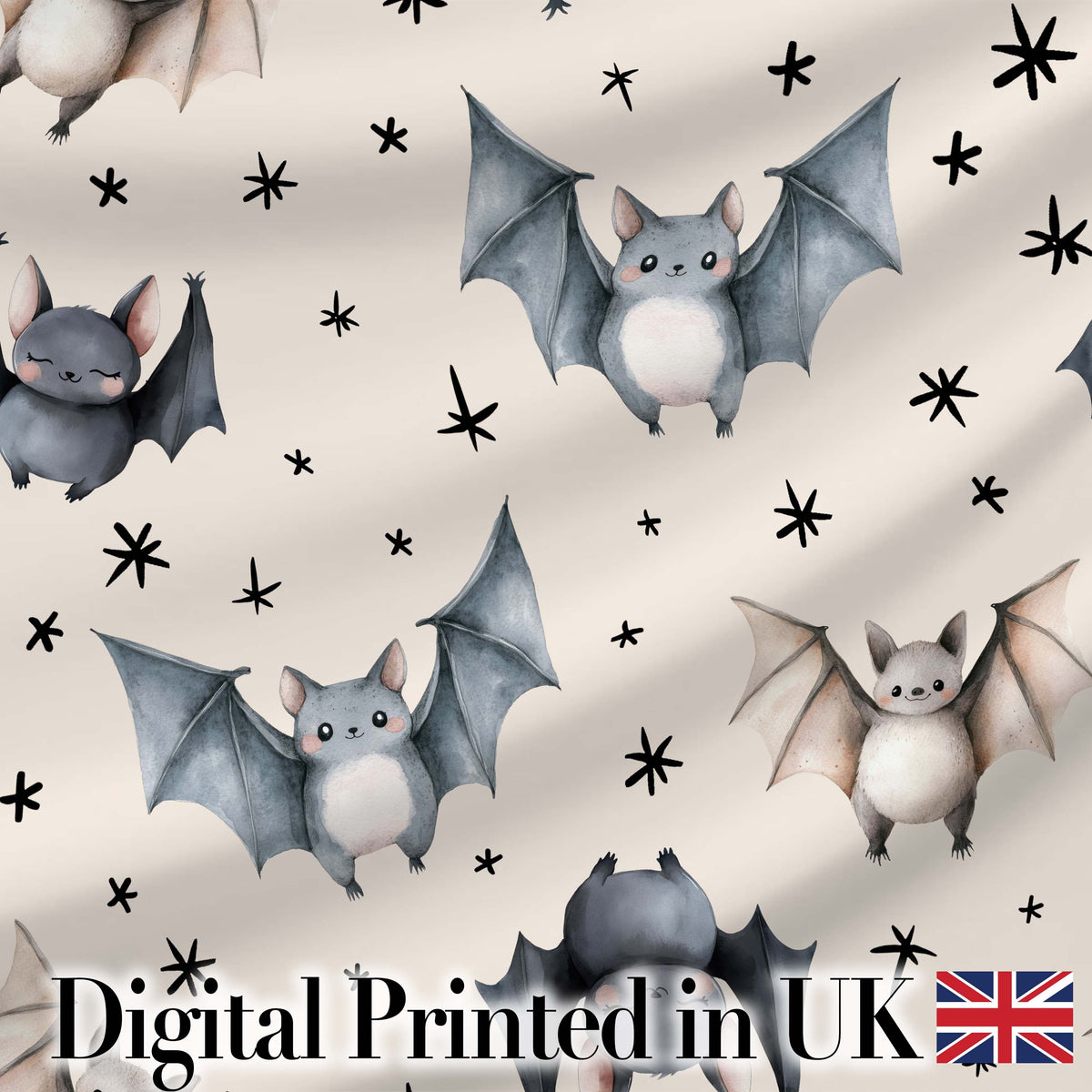 Cute Baby Bats Flying with Stars Soft Beige Background Seamless Pattern Digital Print Fabric by the Metre UK Sewing Quilting Textile