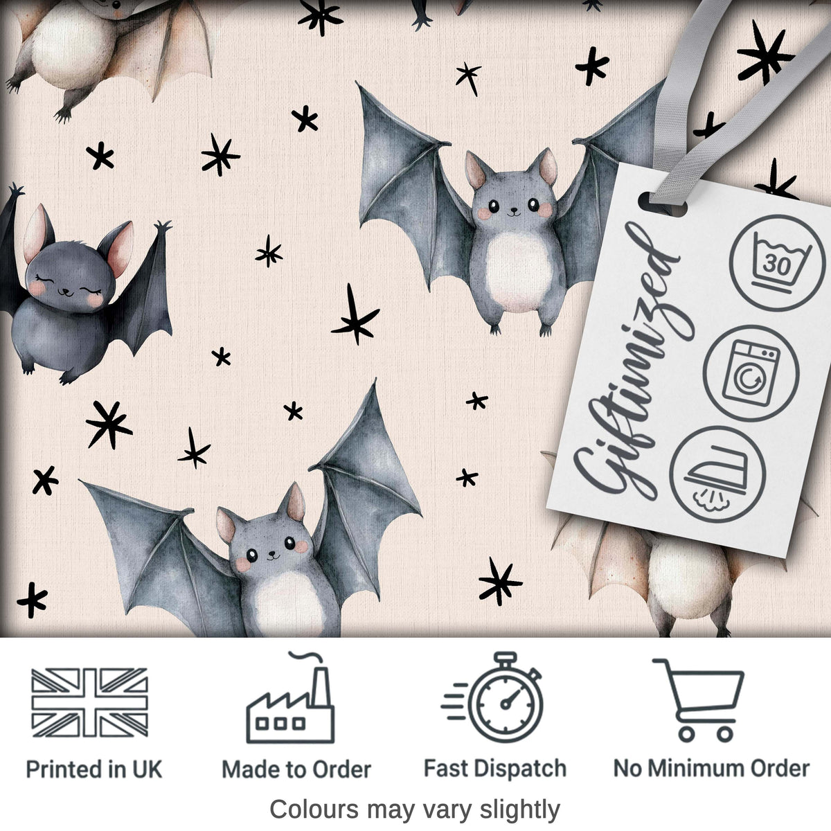Cute Baby Bats Flying with Stars Soft Beige Background Seamless Pattern Digital Print Fabric by the Metre UK Sewing Quilting Textile