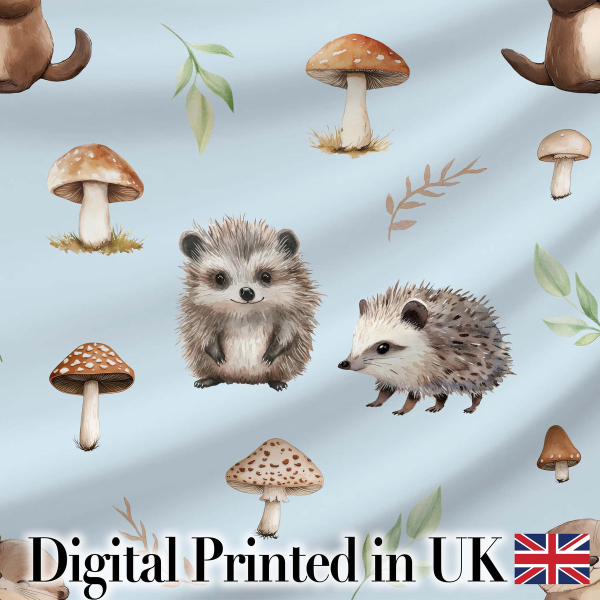 Woodland Hedgehogs with Mushrooms Leaves Soft Blue  Seamless Pattern Digital Print Fabric by the Metre UK Sewing Quilting Textile