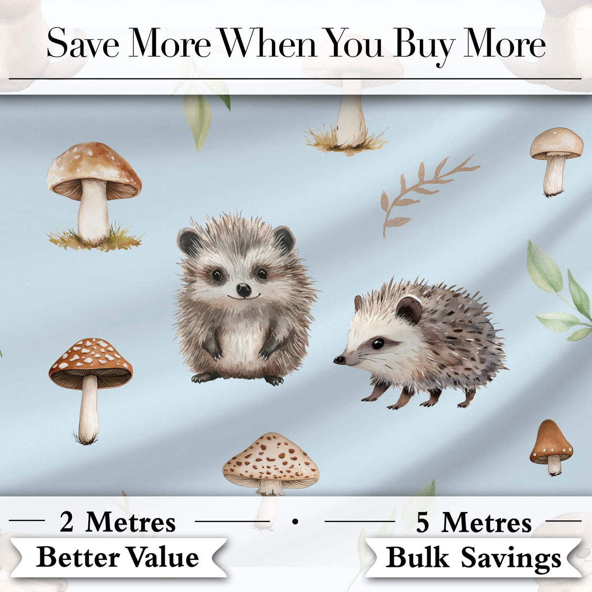 Woodland Hedgehogs with Mushrooms Leaves Soft Blue  Seamless Pattern Digital Print Fabric by the Metre UK Sewing Quilting Textile