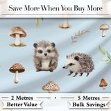 Woodland Hedgehogs with Mushrooms Leaves Soft Blue  Seamless Pattern Digital Print Fabric by the Metre UK Sewing Quilting Textile