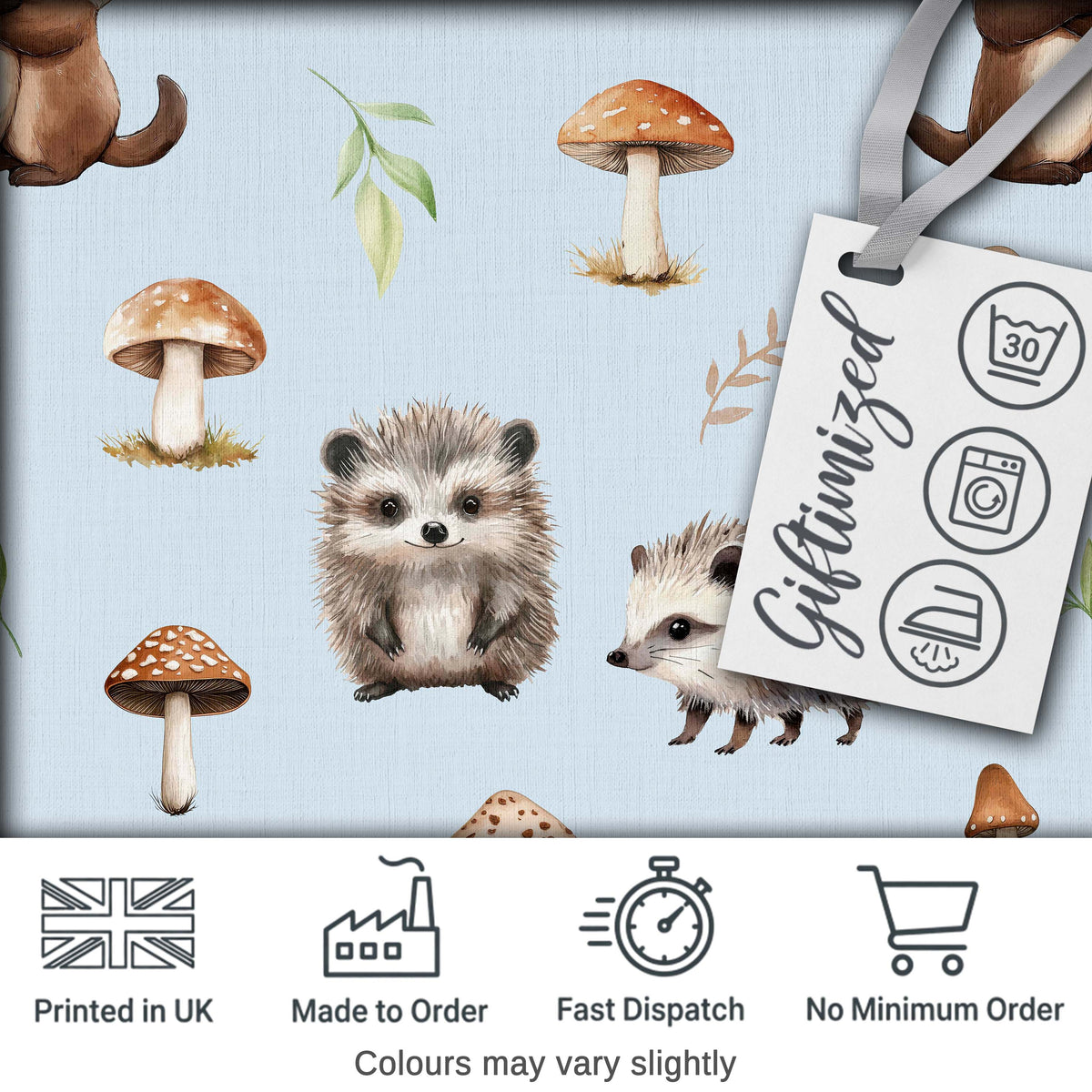 Woodland Hedgehogs with Mushrooms Leaves Soft Blue  Seamless Pattern Digital Print Fabric by the Metre UK Sewing Quilting Textile