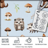 Woodland Hedgehogs with Mushrooms Leaves Soft Blue  Seamless Pattern Digital Print Fabric by the Metre UK Sewing Quilting Textile