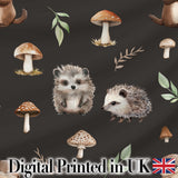 Woodland Hedgehogs with Mushrooms Leaves Dark Brown  Seamless Pattern Digital Print Fabric by the Metre UK Sewing Quilting Textile