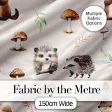 Woodland Hedgehogs with Mushrooms Leaves Warm Neutral  Seamless Pattern Digital Print Fabric by the Metre UK Sewing Quilting Textile