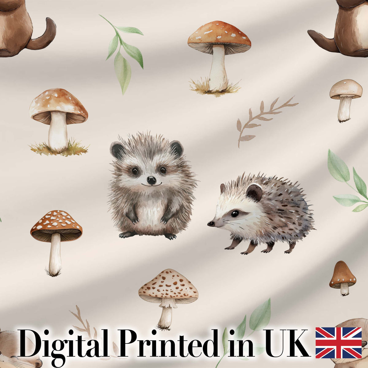 Woodland Hedgehogs with Mushrooms Leaves Warm Neutral  Seamless Pattern Digital Print Fabric by the Metre UK Sewing Quilting Textile