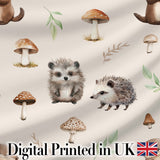 Woodland Hedgehogs with Mushrooms Leaves Warm Neutral  Seamless Pattern Digital Print Fabric by the Metre UK Sewing Quilting Textile