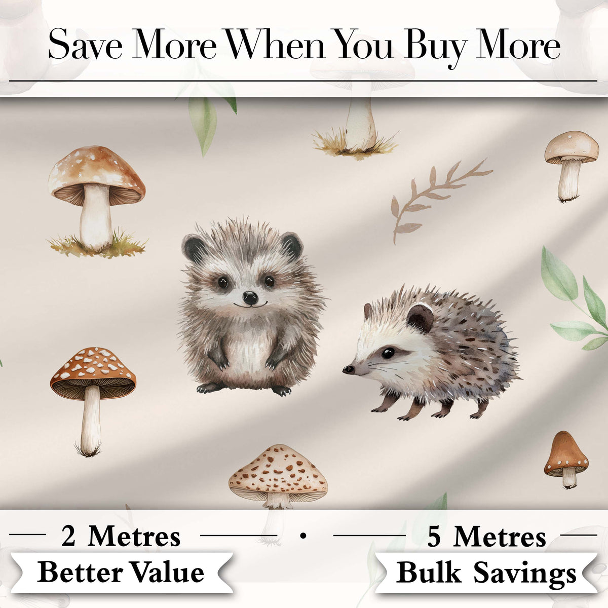 Woodland Hedgehogs with Mushrooms Leaves Warm Neutral  Seamless Pattern Digital Print Fabric by the Metre UK Sewing Quilting Textile