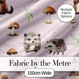 Woodland Hedgehogs with Mushrooms Leaves Soft Pink  Seamless Pattern Digital Print Fabric by the Metre UK Sewing Quilting Textile