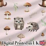 Woodland Hedgehogs with Mushrooms Leaves Soft Pink  Seamless Pattern Digital Print Fabric by the Metre UK Sewing Quilting Textile