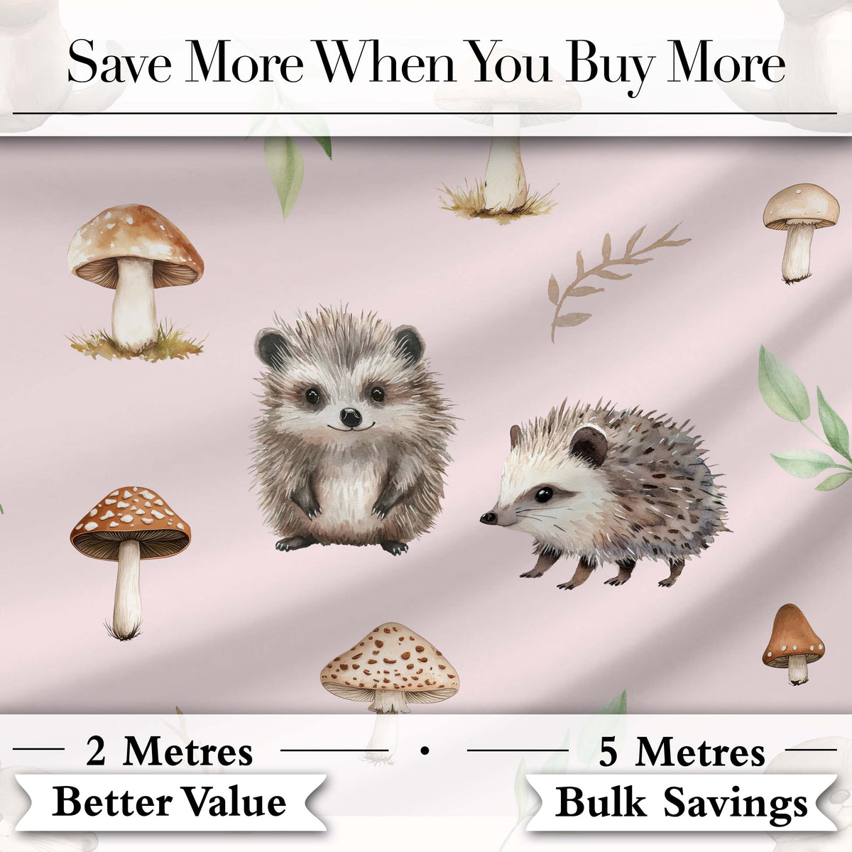 Woodland Hedgehogs with Mushrooms Leaves Soft Pink  Seamless Pattern Digital Print Fabric by the Metre UK Sewing Quilting Textile
