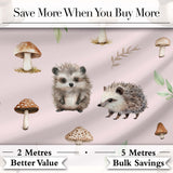 Woodland Hedgehogs with Mushrooms Leaves Soft Pink  Seamless Pattern Digital Print Fabric by the Metre UK Sewing Quilting Textile