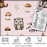 Woodland Hedgehogs with Mushrooms Leaves Soft Pink  Seamless Pattern Digital Print Fabric by the Metre UK Sewing Quilting Textile