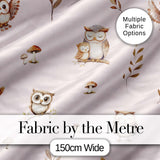 Cute Woodland Owls with Mushrooms Leaves Soft Blush Background Seamless Pattern Digital Print Fabric by the Metre UK Sewing Quilting Textile