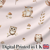 Cute Woodland Owls with Mushrooms Leaves Soft Blush Background Seamless Pattern Digital Print Fabric by the Metre UK Sewing Quilting Textile