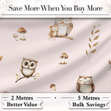 Cute Woodland Owls with Mushrooms Leaves Soft Blush Background Seamless Pattern Digital Print Fabric by the Metre UK Sewing Quilting Textile