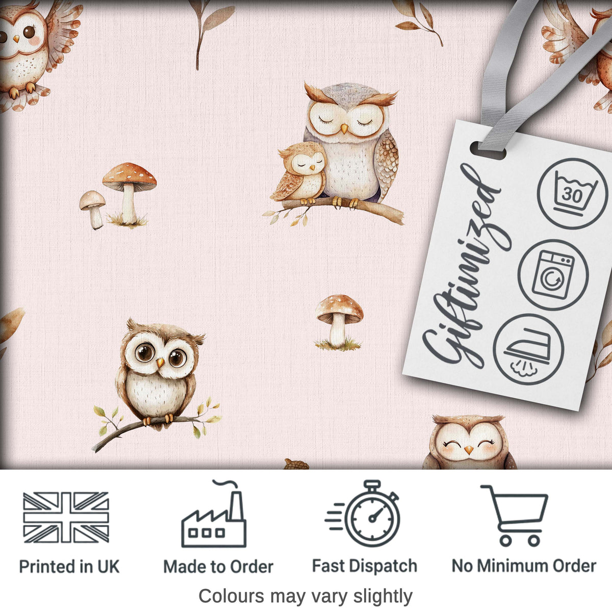 Cute Woodland Owls with Mushrooms Leaves Soft Blush Background Seamless Pattern Digital Print Fabric by the Metre UK Sewing Quilting Textile