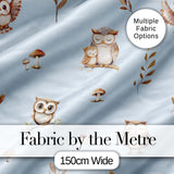 Cute Woodland Owls with Mushrooms Leaves Soft Blue Background Seamless Pattern Digital Print Fabric by the Metre UK Sewing Quilting Textile