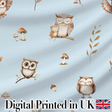 Cute Woodland Owls with Mushrooms Leaves Soft Blue Background Seamless Pattern Digital Print Fabric by the Metre UK Sewing Quilting Textile