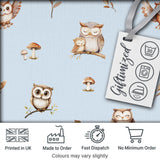 Cute Woodland Owls with Mushrooms Leaves Soft Blue Background Seamless Pattern Digital Print Fabric by the Metre UK Sewing Quilting Textile