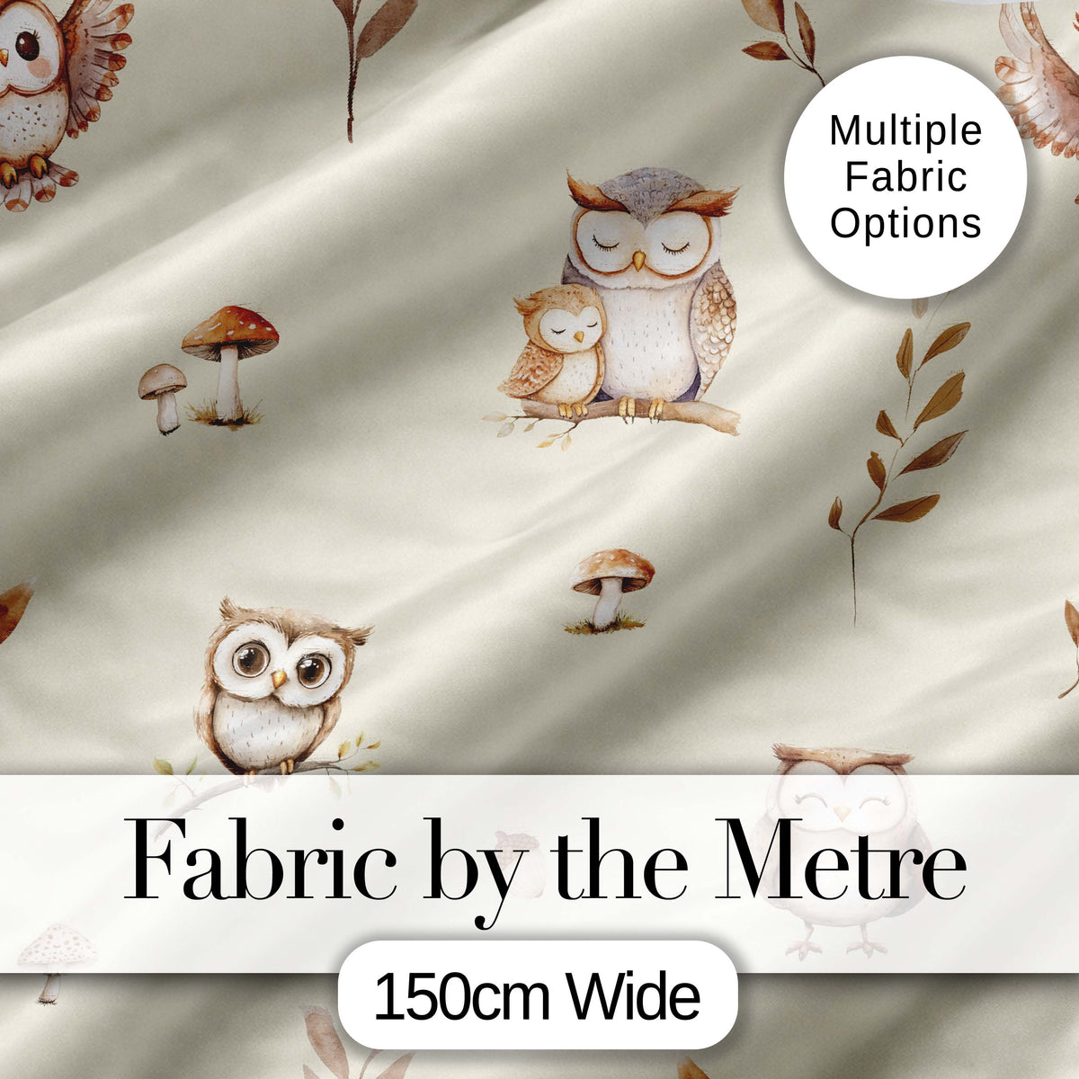 Cute Woodland Owls with Mushrooms Leaves Soft Beige Background Seamless Pattern Digital Print Fabric by the Metre UK Sewing Quilting Textile