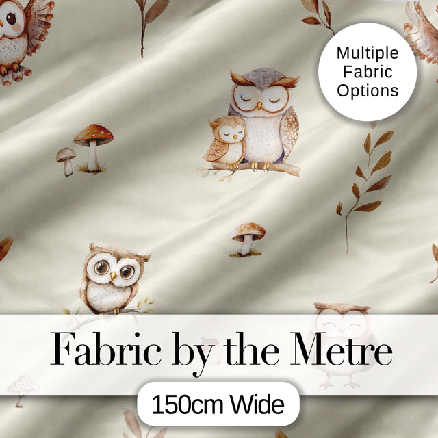 Cute Woodland Owls with Mushrooms Leaves Soft Beige Background Seamless Pattern Digital Print Fabric by the Metre UK Sewing Quilting Textile