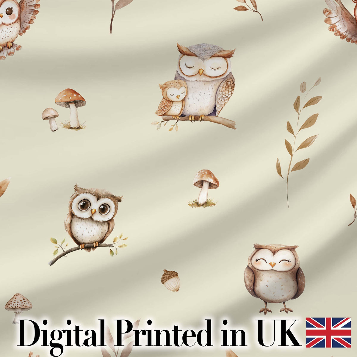 Cute Woodland Owls with Mushrooms Leaves Soft Beige Background Seamless Pattern Digital Print Fabric by the Metre UK Sewing Quilting Textile