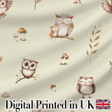 Cute Woodland Owls with Mushrooms Leaves Soft Beige Background Seamless Pattern Digital Print Fabric by the Metre UK Sewing Quilting Textile