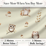 Cute Woodland Owls with Mushrooms Leaves Soft Beige Background Seamless Pattern Digital Print Fabric by the Metre UK Sewing Quilting Textile